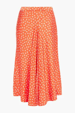 Tye pleated printed satin midi skirt