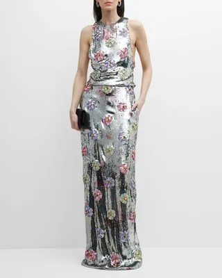 Seneca Floral Sequin Halter Column Gown
