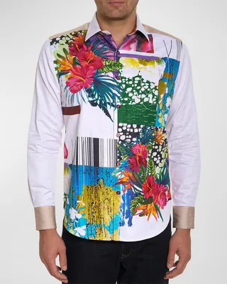 Men's Patchwork-Print Sport Shirt with Embroidery