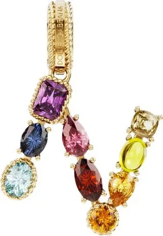 Rainbow alphabet N 18 kt yellow gold charm with multicolor fine gems