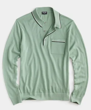 Long-Sleeve Merino Tipped Polo in Soft Spurce