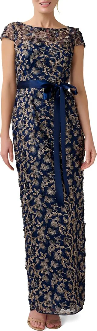 Floral 3D Embroidery Column Gown