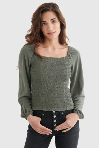 Smocked Square Neck Knit Top