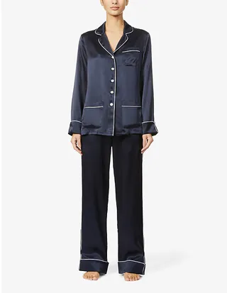 Womens Navy Ivory Core Coco Silk-satin Pyjama set