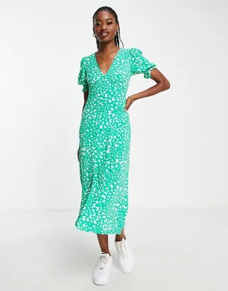 New Look button down midi tea dress in green pattern