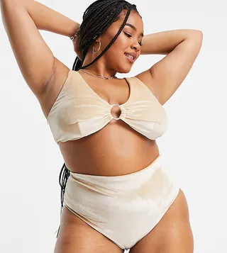 ASOS DESIGN Curve high leg bikini bottoms in champagne velvet