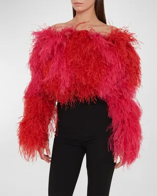 Leann Feather Off-The-Shoulder Crop Top