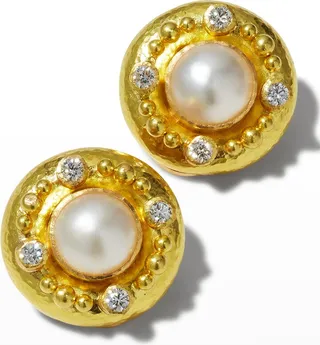 9mm White Akoya Pearl Earrings with Four 2.5mm Diamonds