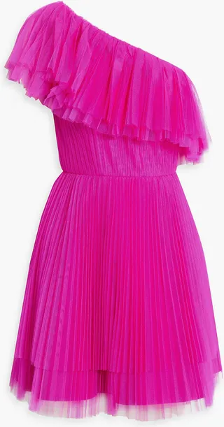 One-shoulder pleated tulle mini dress