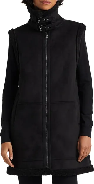 Faux Suede Vest with Faux Shearling Trim