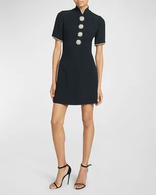 Gemstone Button Mini Dress with Pearlescent Trim