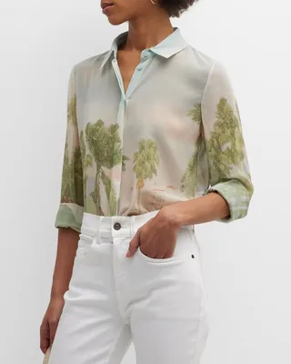 Scottie Landscape-Print Button-Down Blouse