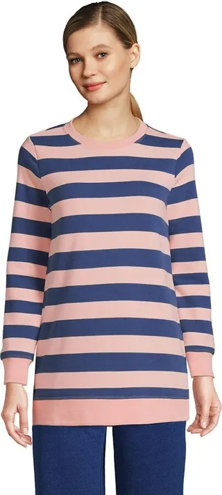 Lands' End Women's Tall Serious Sweats Crewneck Long Sleeve Sweatshirt Tunic - Large Tall - Crisp Peach Rugby Stripe