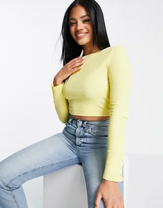 ASOS DESIGN long sleeve crop top with snap cuff in lemon