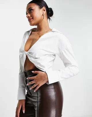 Public Desire twist knot cropped shirt in white