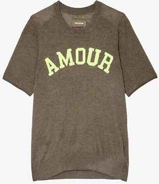 Womens Kaki Ida Amour-slogan Cashmere T-shirt