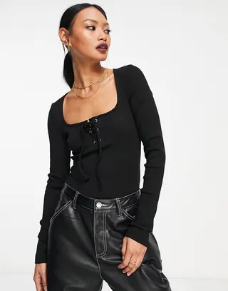 ASOS DESIGN lace up front long sleeve bodysuit in black
