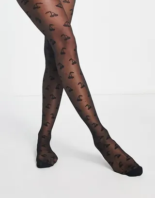 Skinnydip sheer black tights with cherry print