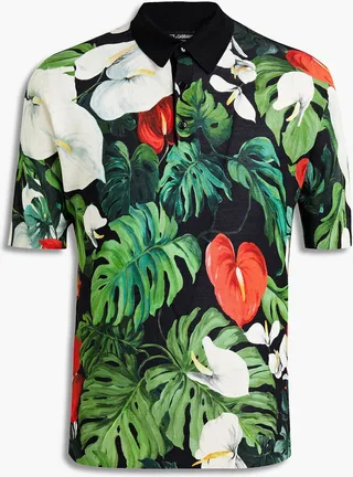 Floral-print silk-jersey polo shirt