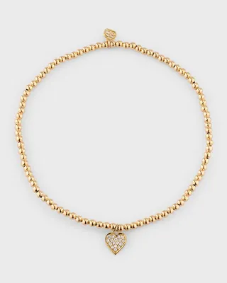 2mm Gold Bead Bracelet with Diamond Pave Heart