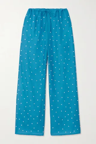 Oséree - Gem Crystal-embellished Cotton And Silk-blend Straight-leg Pants - Blue