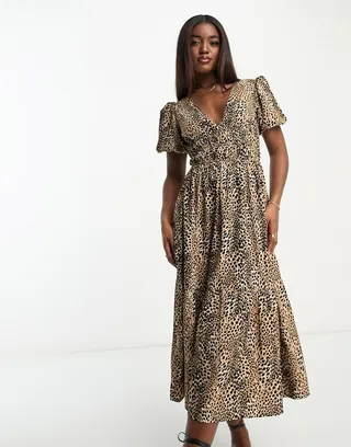 Influence puff sleeve v neck midi dress in leopard print