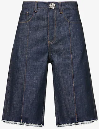 Womens Denim Crystal-embellished Straight-leg Mid-rise Stretch-organic Denim Shorts