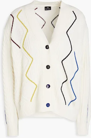 Embroidered cable-knit wool-blend cardigan
