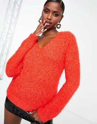 ASOS DESIGN V neck longline sweater in fluffy yarn in red