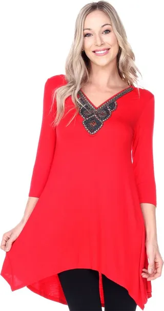 Women's Embellished V-Neck Luna Top Tunic Red Small - White Mark