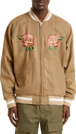 Souvenir Floral Embroidered Reversible Wool & Satin Bomber Jacket