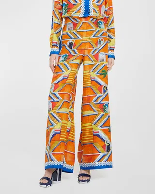Foulard-Print Wide-Leg Silk Pull-On Trousers