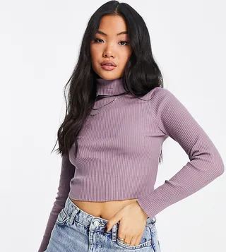 ASOS DESIGN Petite roll neck crop top in rib in mauve