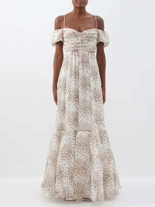 Tulip-print Off-the-shoulder Silk-georgette Gown