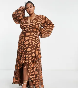 ASOS DESIGN Curve Exclusive satin jacquard warped dot wrap maxi dress with tie waist in bronze