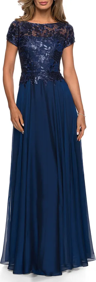 Chiffon Skirt Metallic Lace Evening Dress