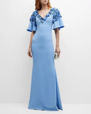 Embellished Flutter-Sleeve A-Line Gown