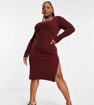 ASOS DESIGN Curve knit midi dress with square neck in dark red