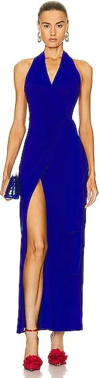 Norma Kamali Halter Wrap Straight Gown in Blue