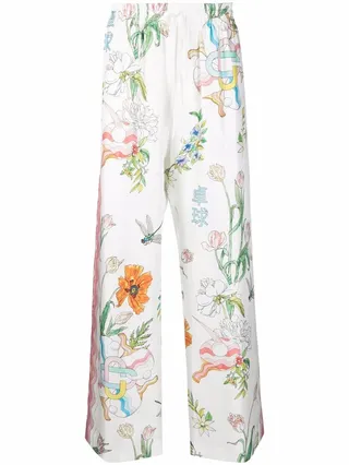 Printed Wide-Leg Silk Trousers