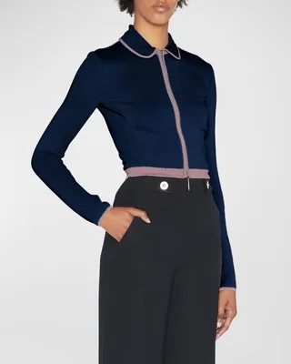 Peter Pan-Collar Striped-Edge Crop Zip Jacket