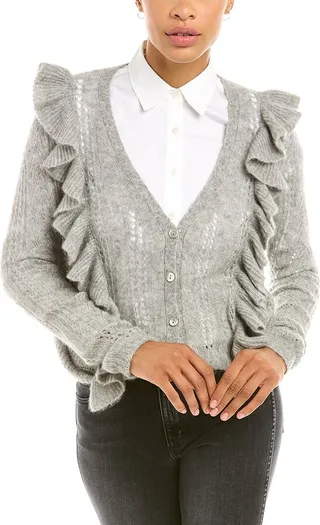 Autumn Cashmere Ruffle Pointelle V-Neck Cashmere & Silk-Blend Cardigan