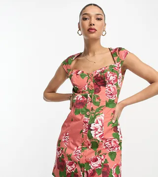 ASOS DESIGN mini button through twill dress with cup detail in bloom floral print