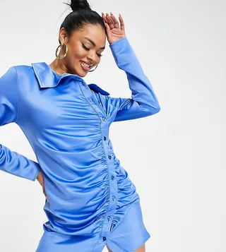 ASYOU asymmetric ruched satin shirt dress in blue