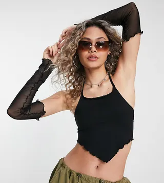 COLLUSION scarf hem halter top with mesh sleeves in black