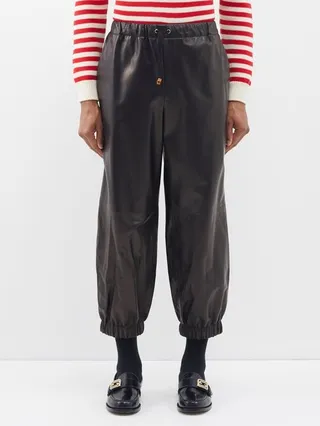 Elasticated-waist Leather Cropped Trousers