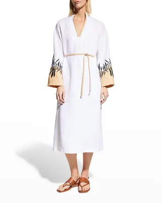 Adenne Leaf-Embroidered Midi Dress