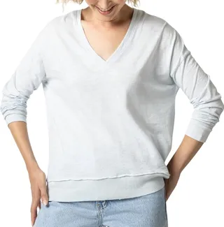 Long Sleeve Rib Trim V-Neck in Glass