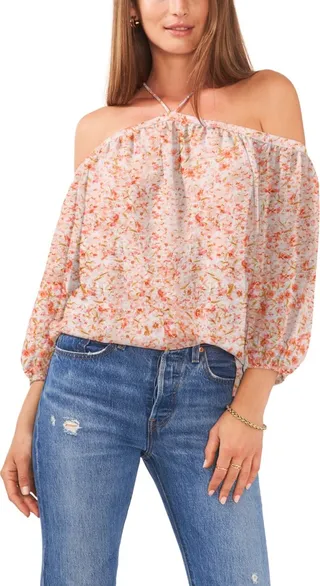 1.state Women's Long Sleeve Cold Shoulder High Neck Blouse