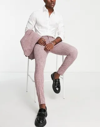 ASOS DESIGN wedding super skinny suit pants in burgundy crosshatch